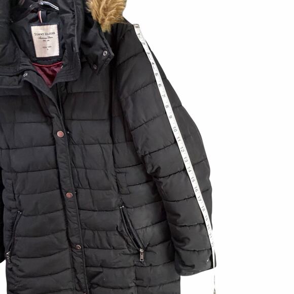 Tommy Hilfiger Puffer Coat Womens XL Black Faux Fur Trim Hooded Warm Outdoor Y2K - Picture 10 of 16